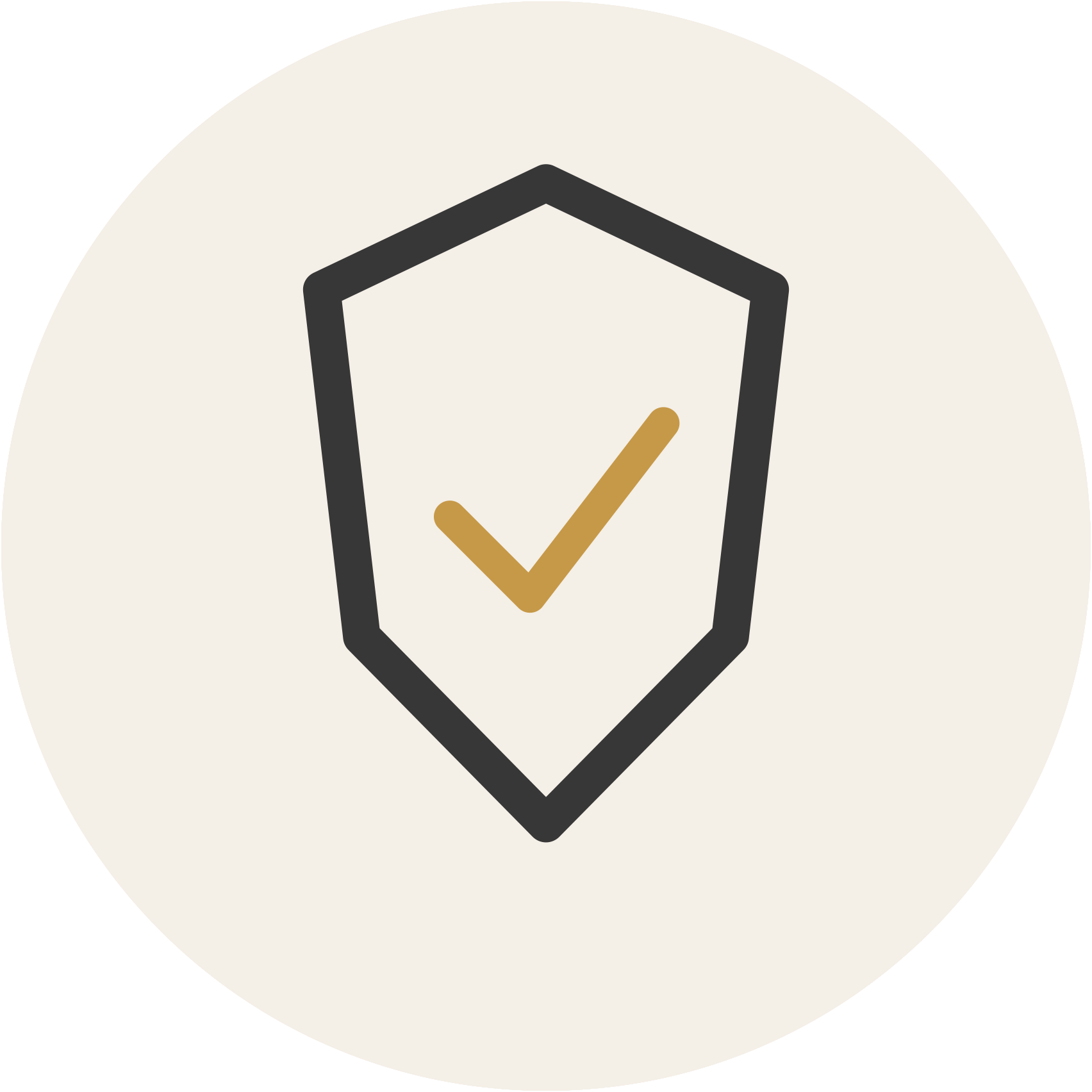 A circular icon with a beige background featuring a shield outline with a check mark inside in gold.