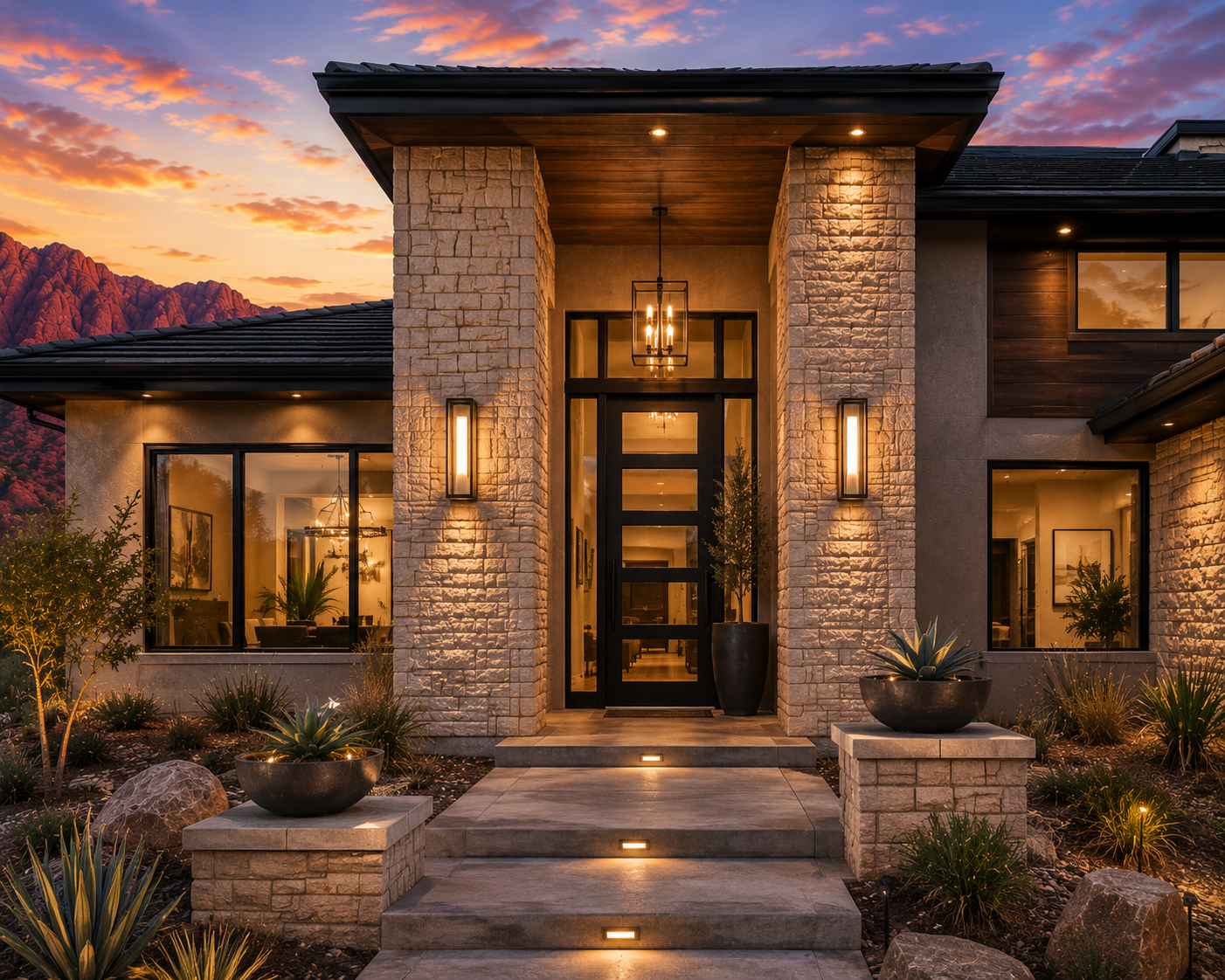 Front view of a modern house during sunset with stone and wood exterior, large glass windows, and illuminated entryway with steps leading up to the door.