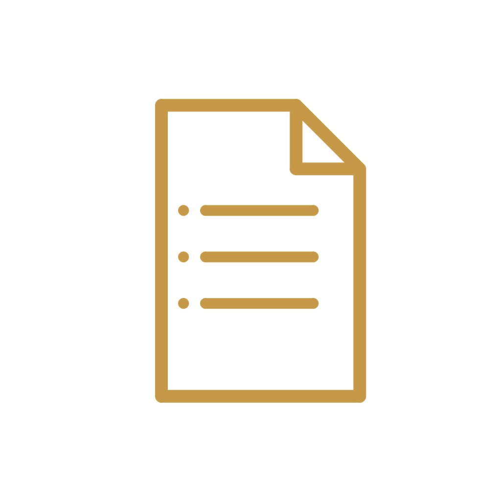 Gold outline of a document with three bullet points on a black background.