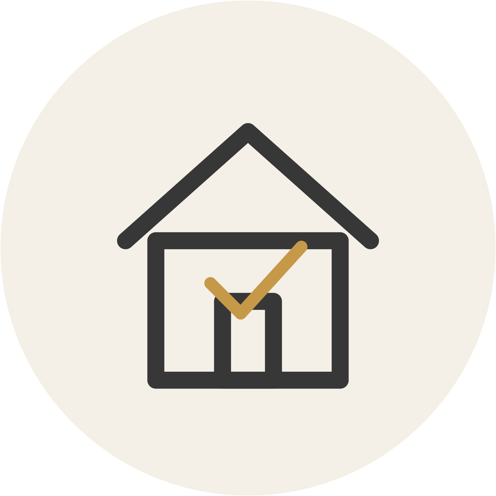 Graphic of a house with a clock and checkmark inside the house outline.