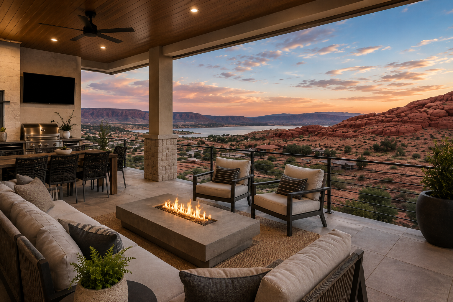 Covered outdoor patio with a seating area around a rectangular fire pit, overlooking a desert landscape with red rock formations, a lake, and mountains during sunset.