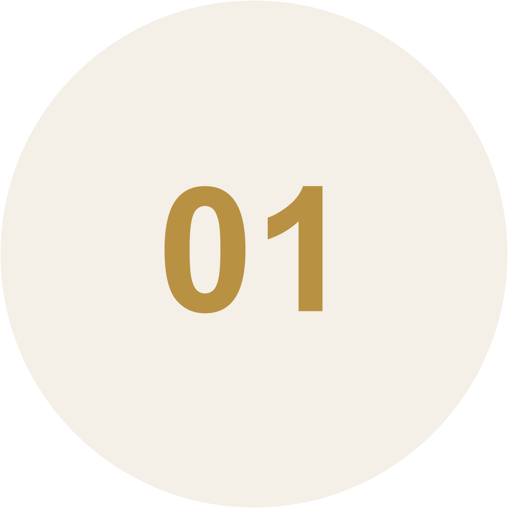Number 01 in large gold font on a cream-colored circular background with a black outer edge.