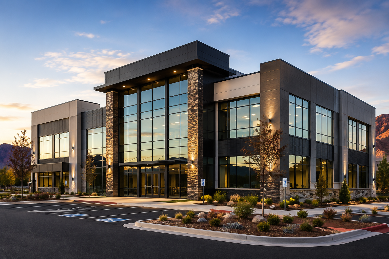 Modern office building with large glass windows, stone accents, and landscaped parking lot at sunset.