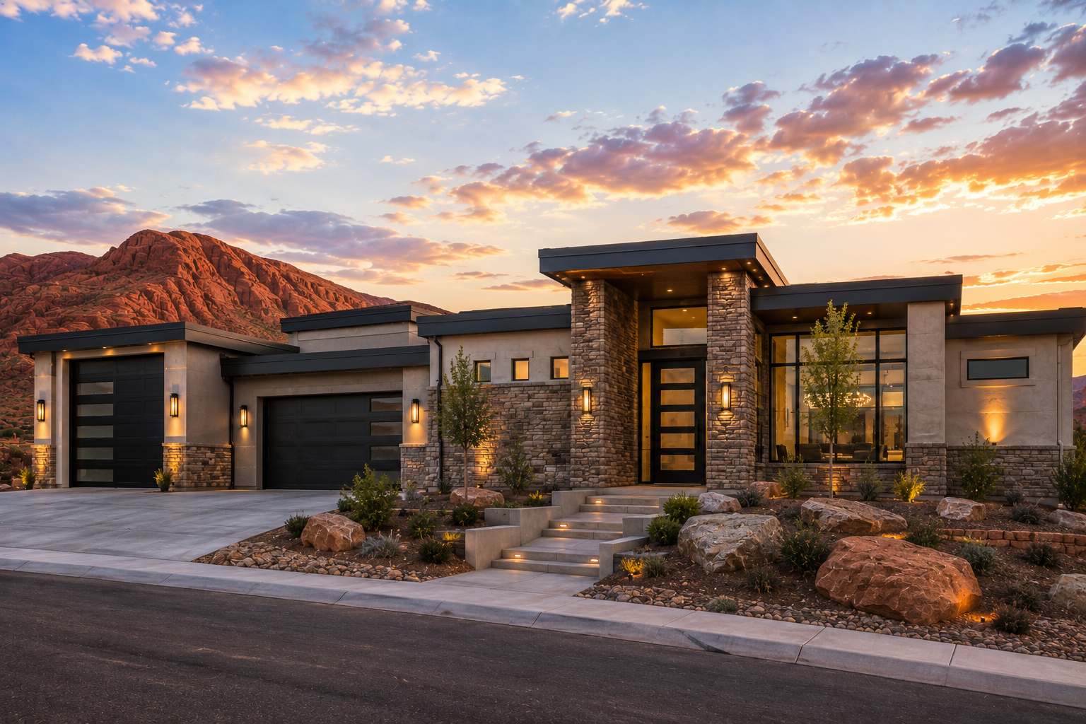 Modern house with stone and stucco exterior, front steps, large glass windows, and driveway, set against a mountainous landscape at sunset.