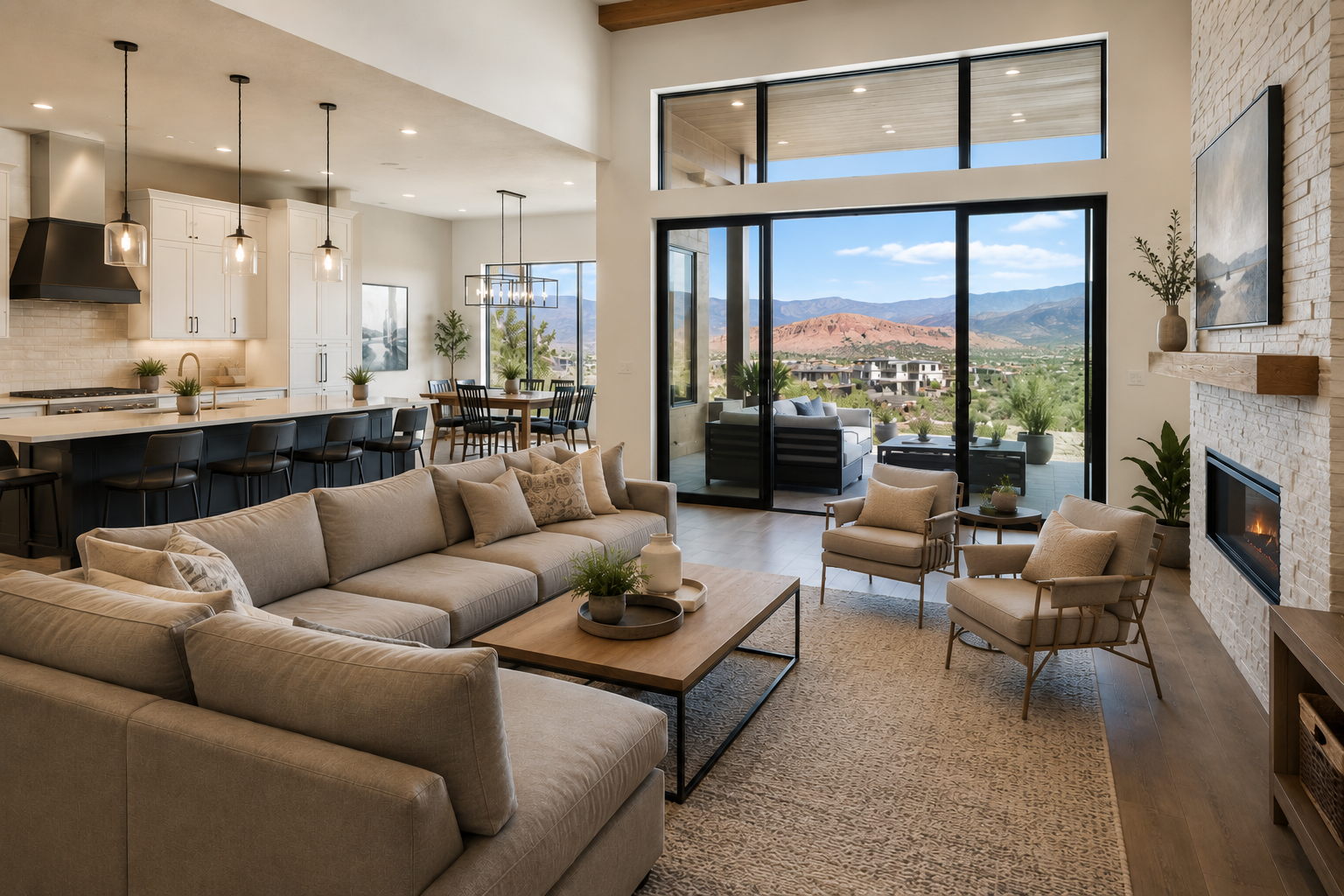Open-concept living room with beige sectional sofa and armchairs, wooden coffee table, fireplace, and large sliding glass doors opening to a balcony with mountain views.