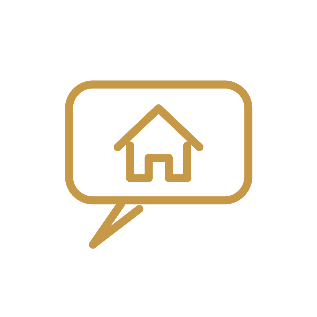 Gold outline speech bubble with a house icon inside on a black background.