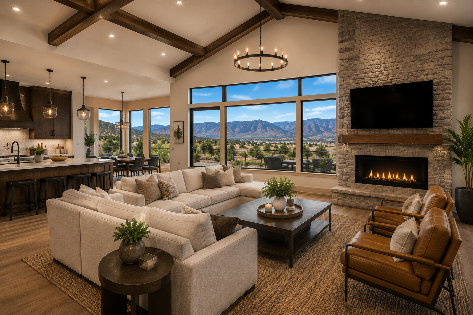 Modern living room with large windows, mountain view, fireplace, beige sectional sofa, leather chairs, wooden coffee table, and a TV above the fireplace.