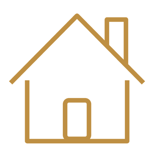 Outline of a house with a pitched roof, a chimney, and a rectangular door, all in gold color.