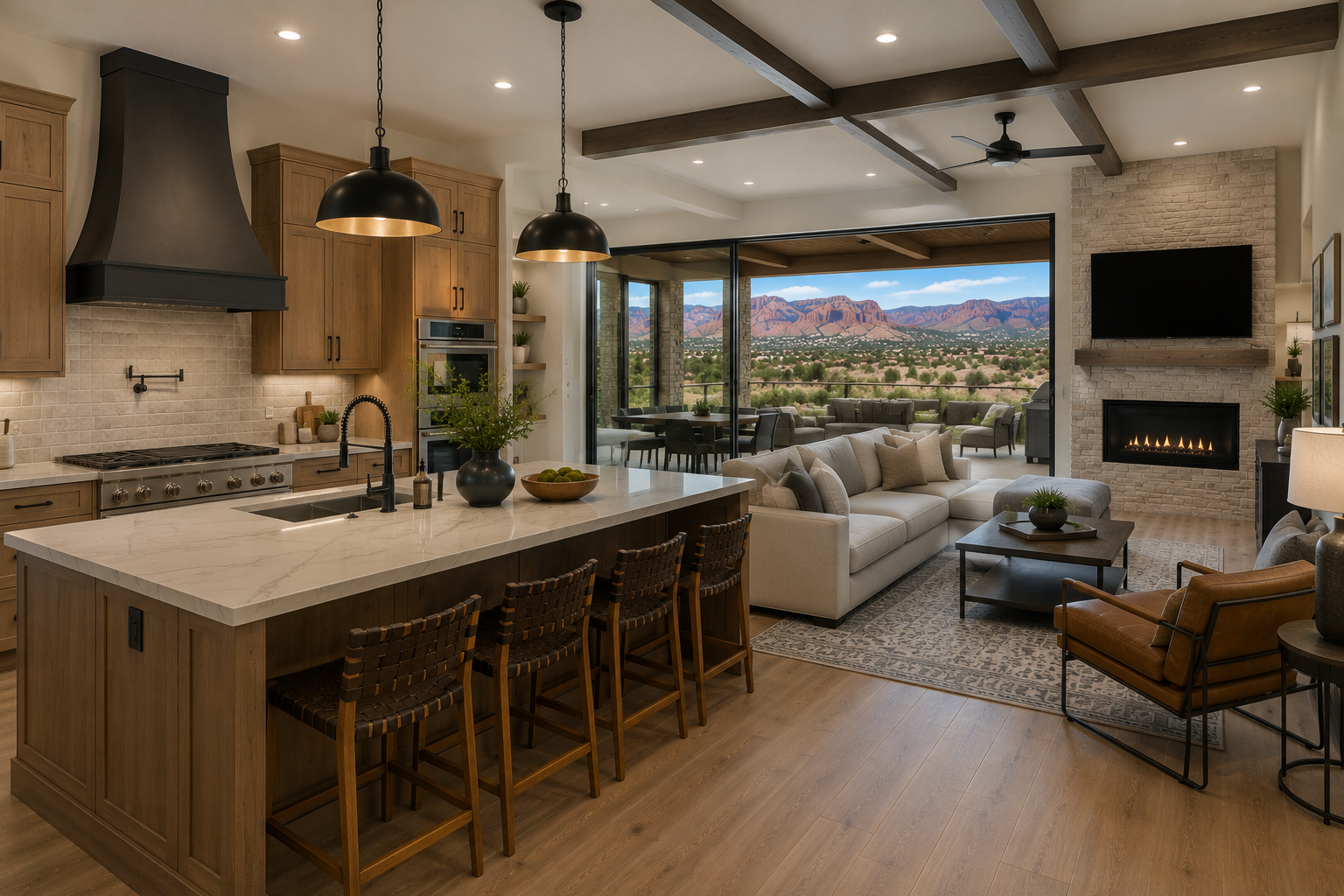 Open-concept living room and kitchen with mountain view, beige sofa, armchair, fireplace, TV, kitchen island, wooden cabinets, and outdoor patio.