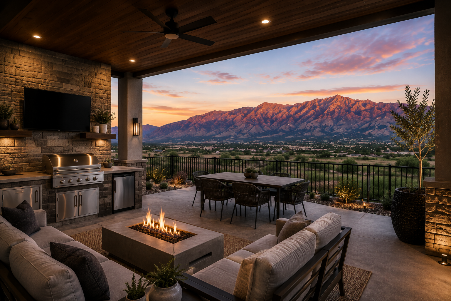 An outdoor patio with a fireplace, comfortable seating, a dining table with chairs, built-in grill, television, and a view of mountains during sunset.