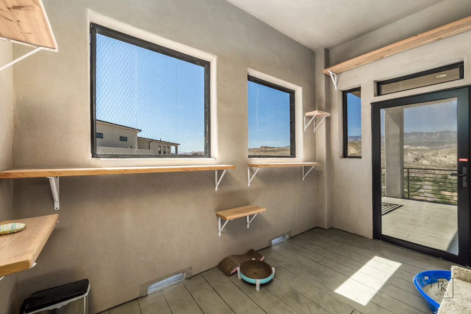 Interior of a room with two windows, a sliding glass door leading to a balcony, and empty wooden shelves attached to the wall. The room has beige walls and light-colored wood flooring, with a cat bed on the floor and a blue water dish near the door.