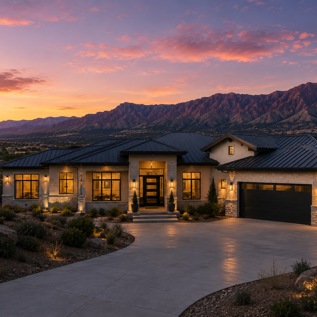 Modern house with illuminated windows and garage at sunset, mountain landscape in the background.