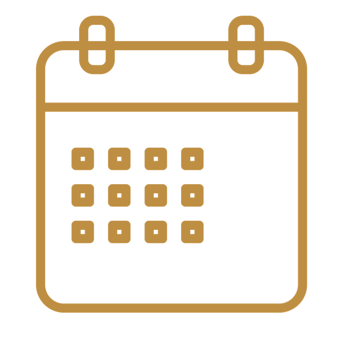 Illustration of a calendar icon with a gold outline on a black background.