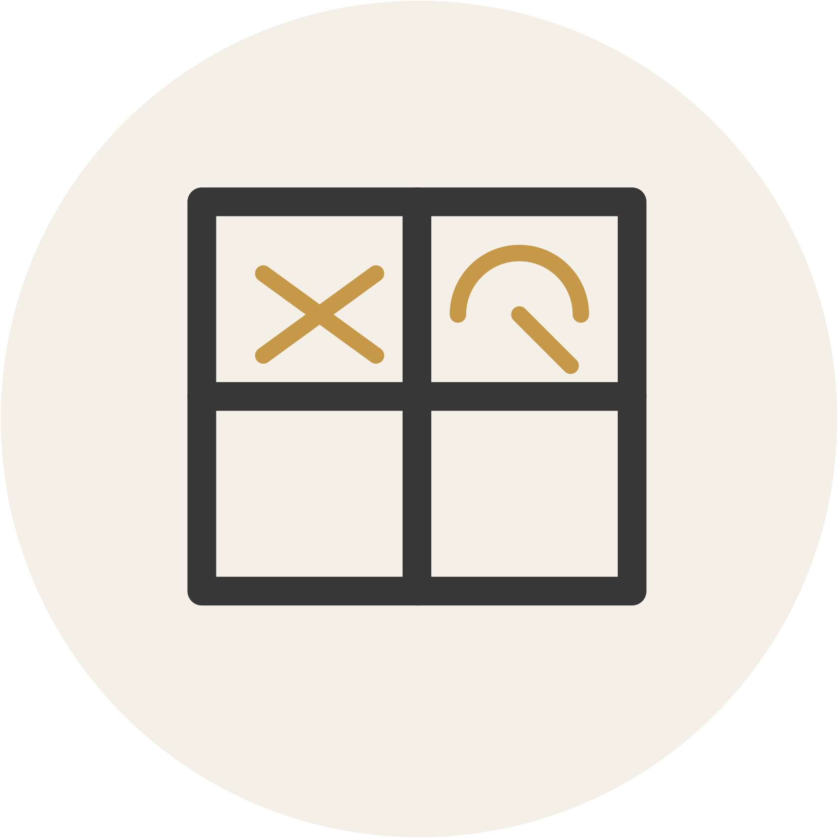 Digital graphic of a calendar with a gold X on the left date and a gold clock icon on the right date, set against a light beige circular background.