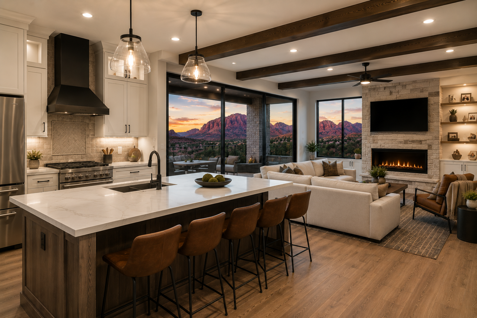 Open-concept living space with a kitchen island, white cabinets, stainless steel appliances, a living room with a fireplace, large windows showing a mountain sunset, and modern decor.