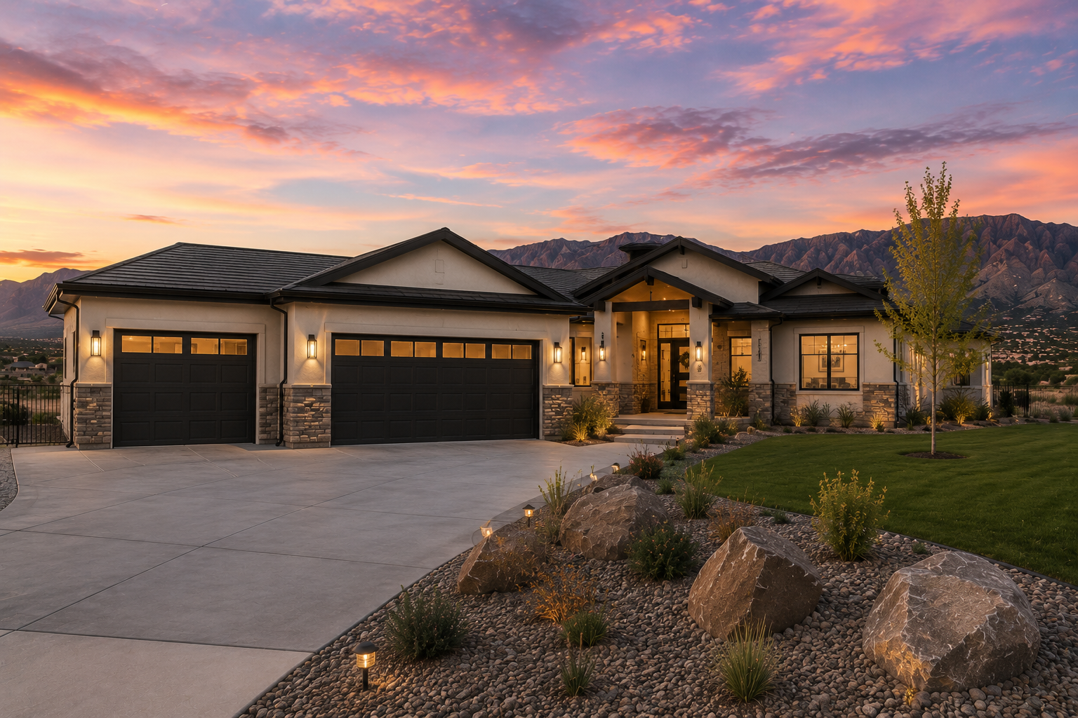 Modern house at sunset with a front yard featuring rocks, desert plants, a green lawn, and a young tree, mountains in the background, and sky with pink, purple, and orange clouds.