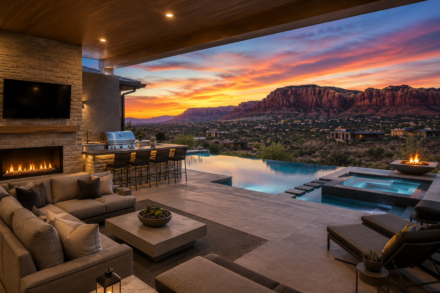 Luxury outdoor patio with pool, hot tub, fire pit, seating area, and mountain view at sunset.