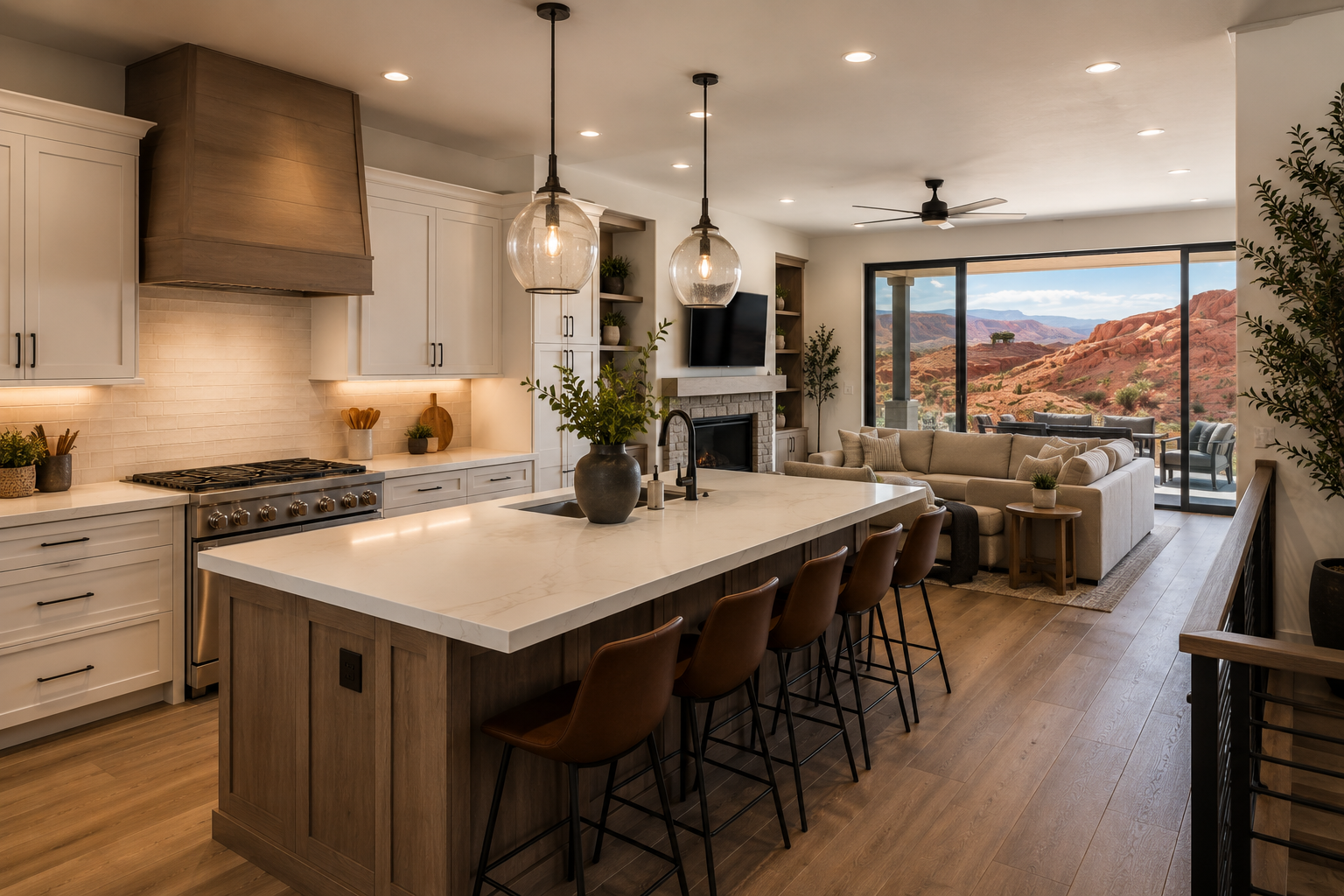 Open-concept kitchen and living room with view of red desert landscape through sliding glass doors, island with bar stools, beige sofa, fireplace, and ceiling fan.