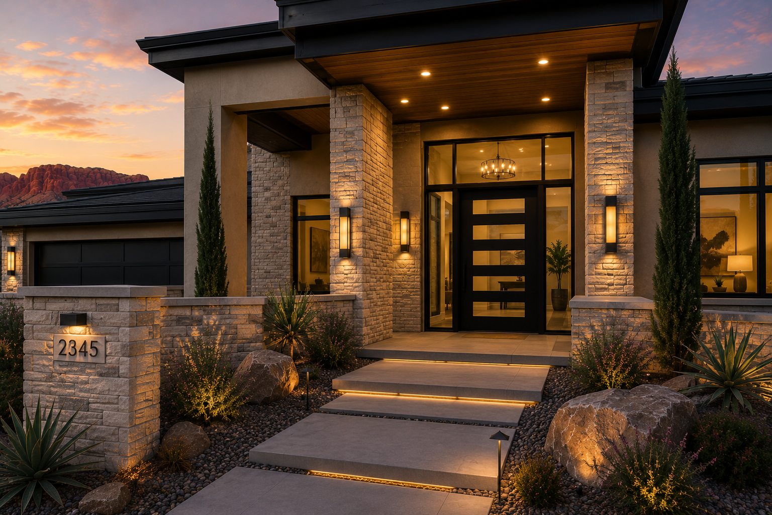 Modern house at dusk with illuminated outdoor lights, stone entrance, and desert landscaping.