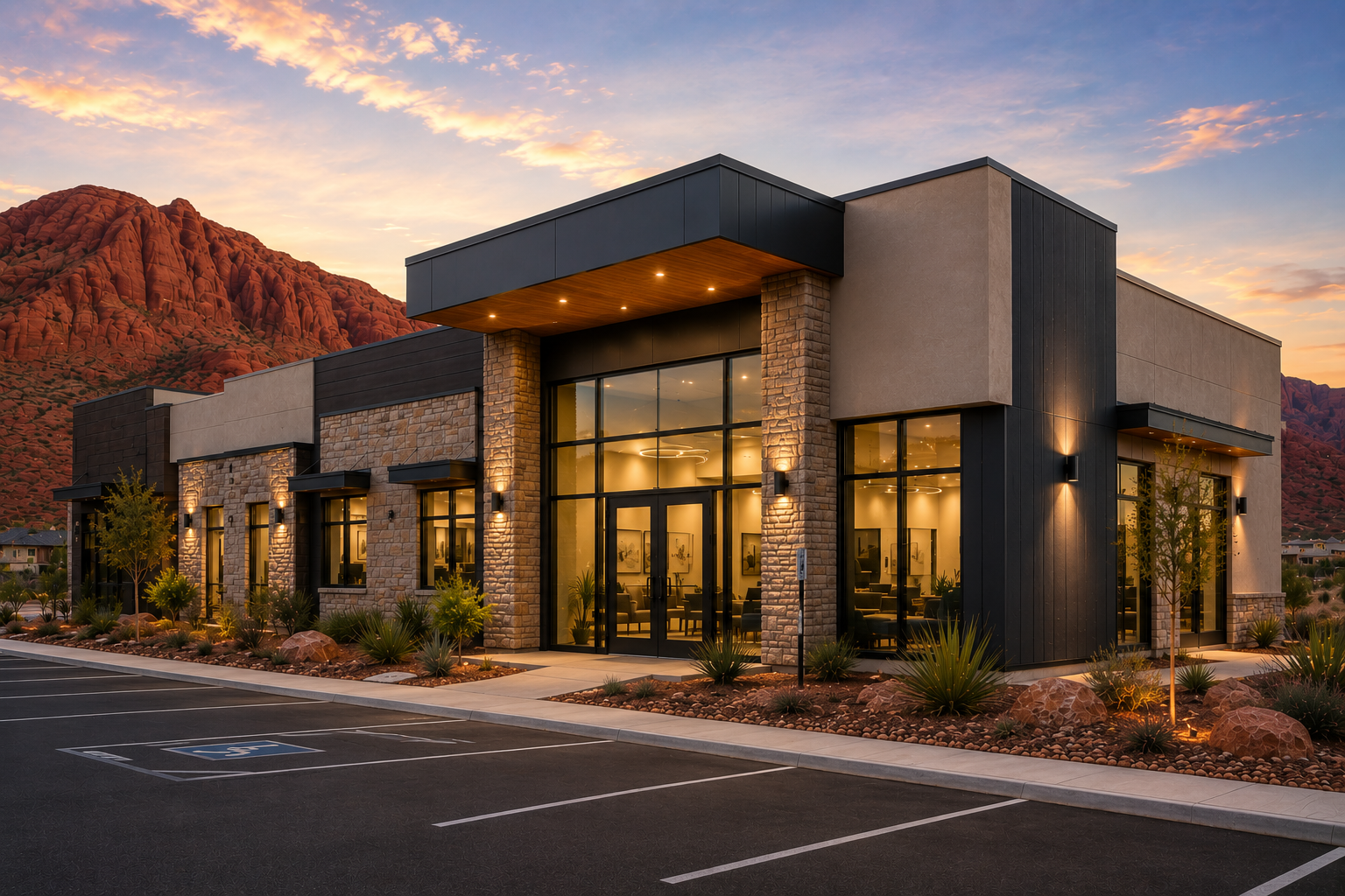 A modern commercial building with large glass front windows, stone and black panel exterior, and outdoor lighting, set against desert mountains at sunset.