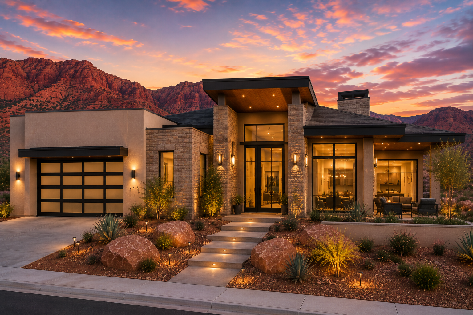 Modern house with desert landscaping, large glass windows, and a mountain backdrop at sunset.