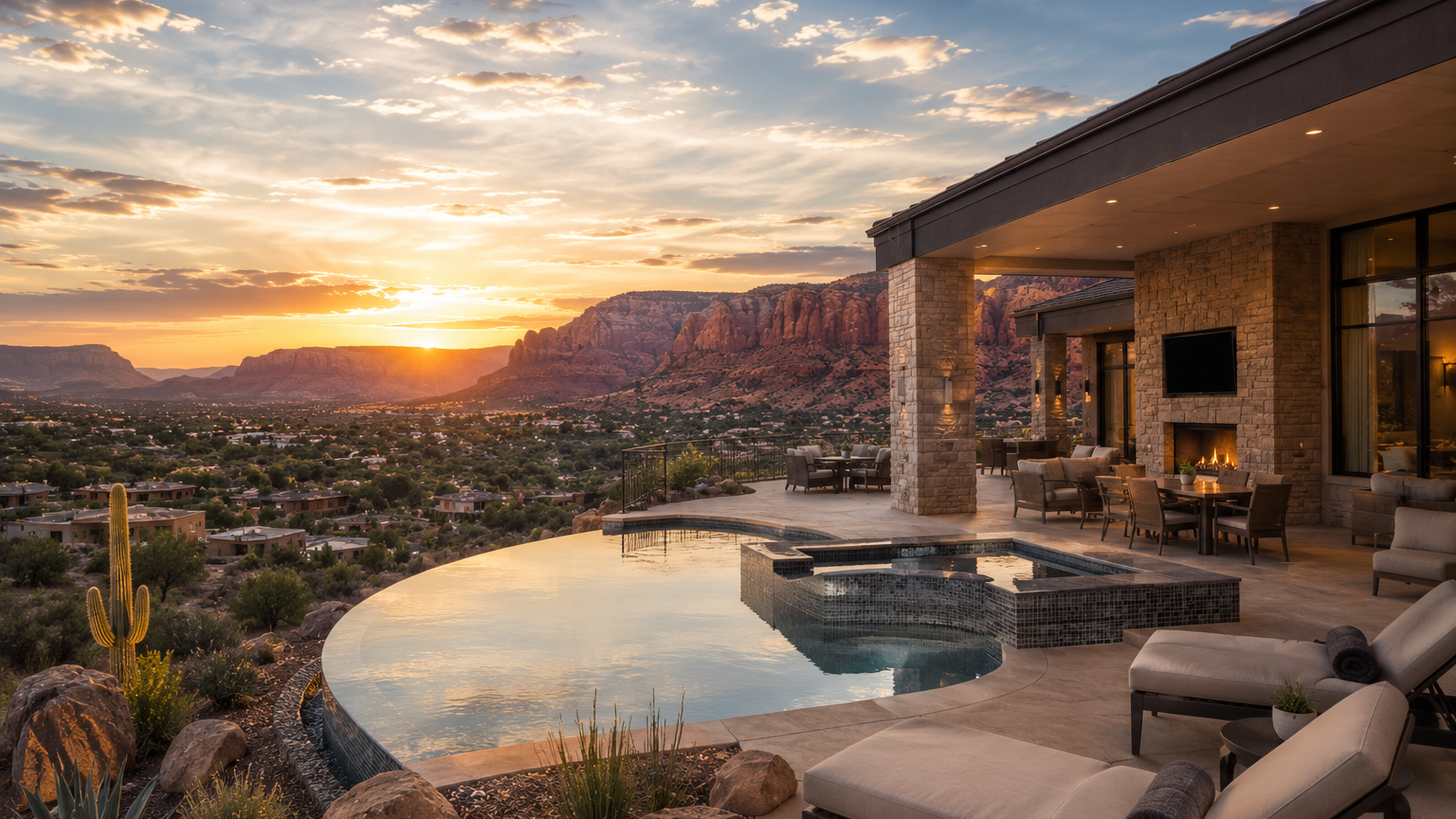 Luxury outdoor patio with pool, hot tub, and mountain view during sunset.