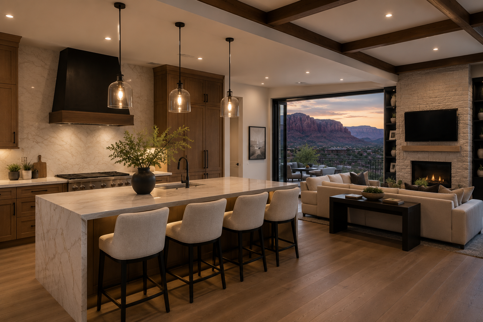 Open-concept living room and kitchen with mountain view through sliding glass doors, featuring a marble kitchen island with beige chairs, wooden cabinetry, pendant lighting, a stone fireplace, and a comfortable seating area.