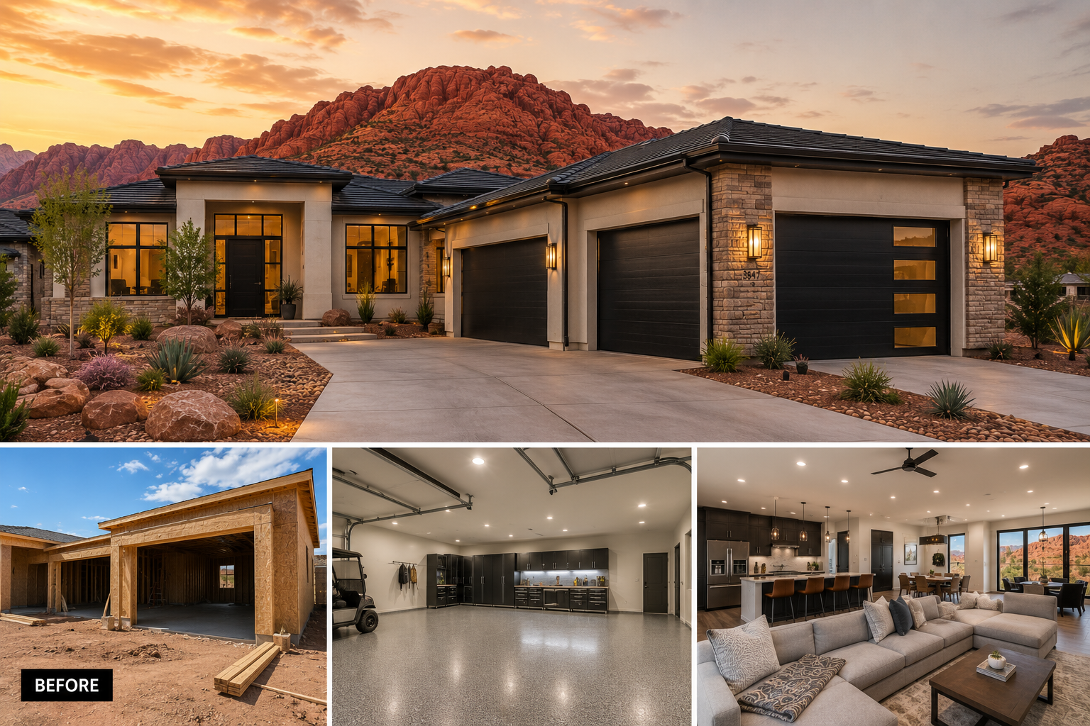 A newly constructed modern house with a desert landscape, mountains in the background, and a landscaped front yard. The interior includes a spacious garage, a clean workshop area, and an open-concept living room with large windows and mountain views.