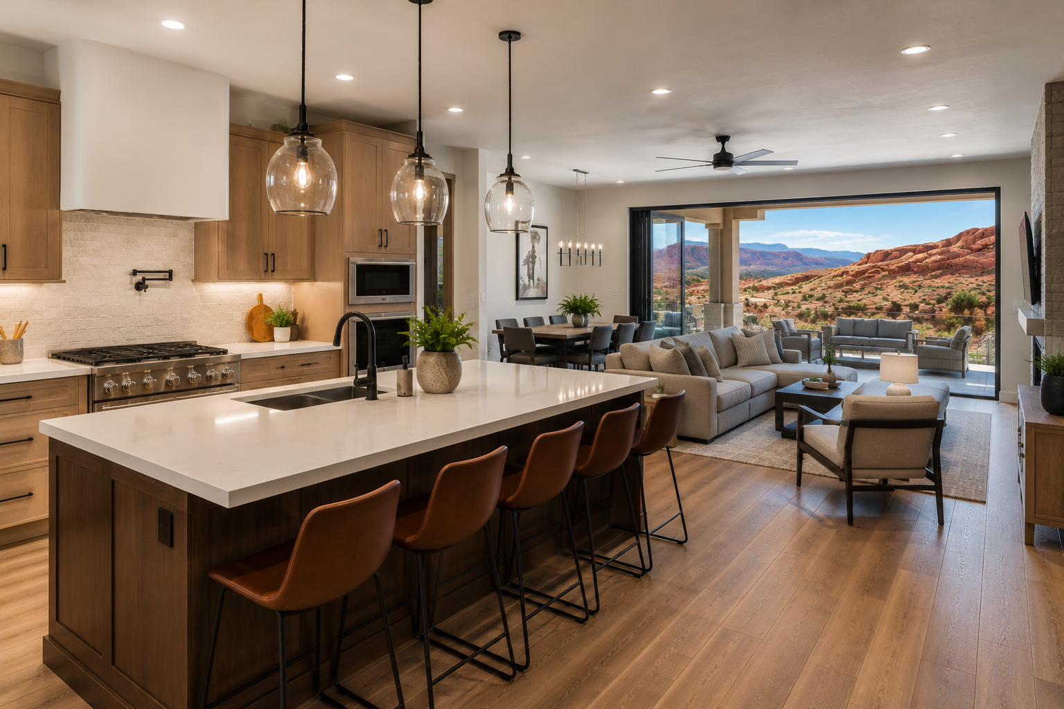 Open-concept living room and kitchen with mountain view, featuring a kitchen island with brown leather stools, beige sofas, and a large window showing a scenic desert landscape.