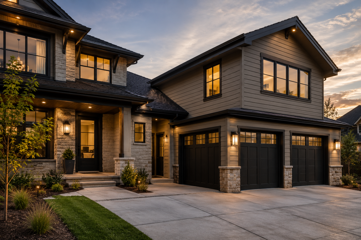 Modern two-story house with stone and siding exterior, illuminated by outdoor lighting at dusk, with a concrete driveway, landscaped yard, and large windows.