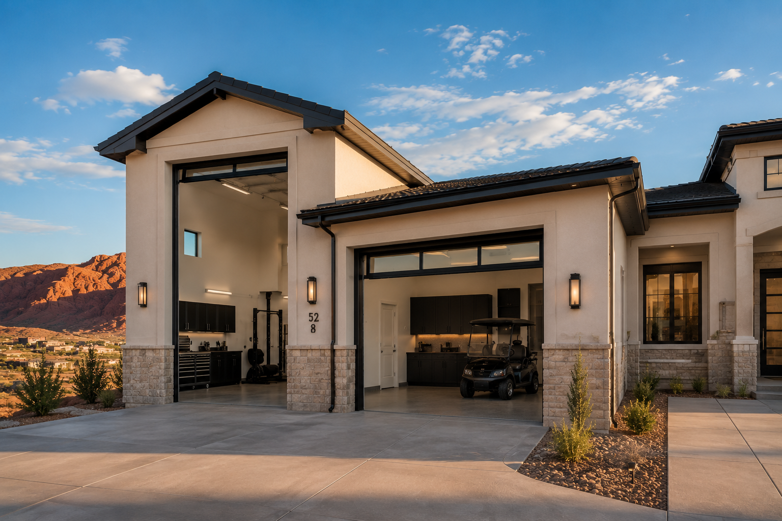 Modern house with open garage, golf cart inside, mountain background, clear blue sky, and landscaped yard.