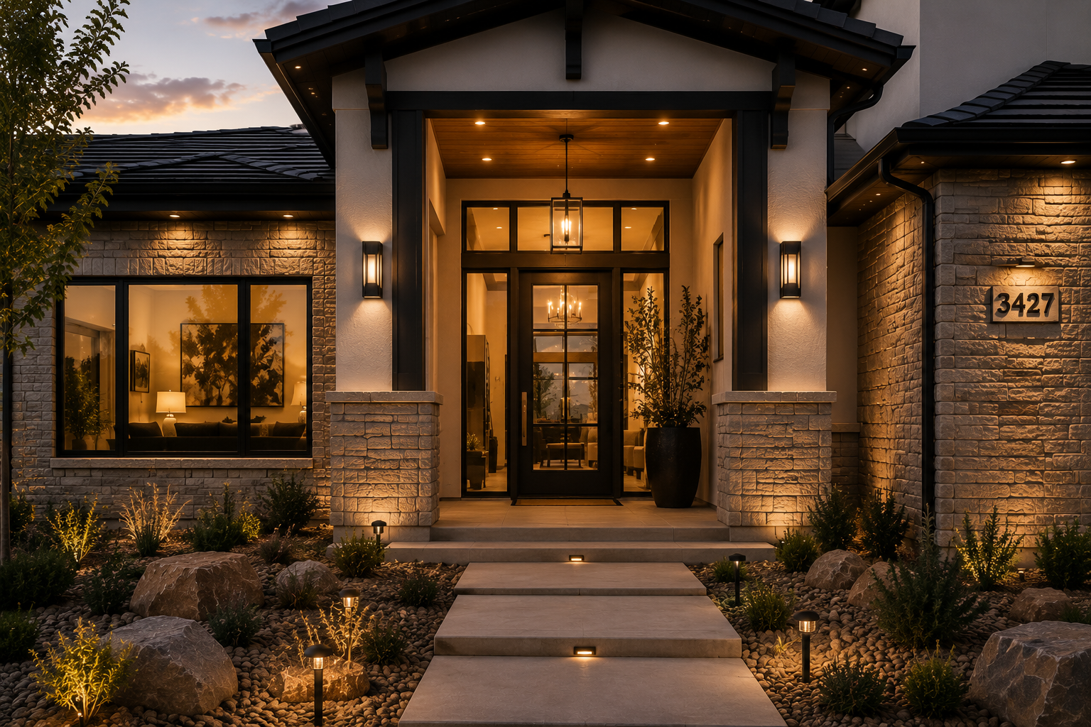 Exterior view of a modern house at dusk, featuring a lit front porch with steps, stone and stucco walls, large windows, and landscaped yard with rocks, plants, and pathway lights.