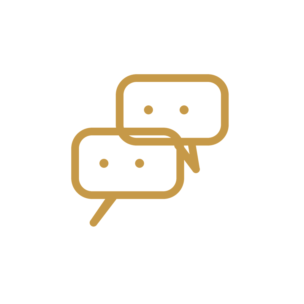 Two gold speech bubbles with dot faces, overlapping on a black background.