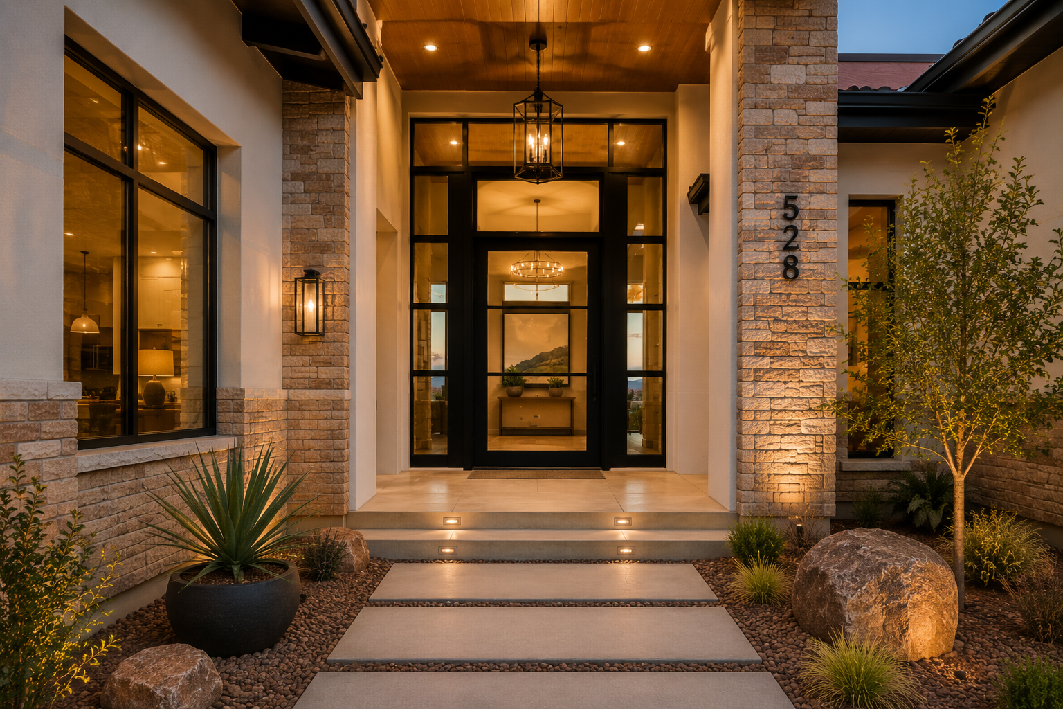 Modern house entrance with a glass door, brick and stucco walls, potted plants, and landscape lighting at dusk.