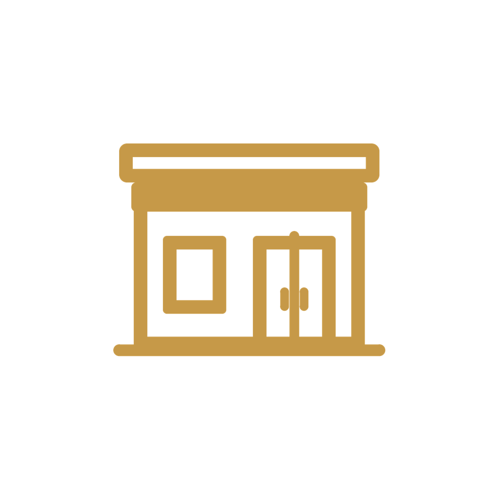 Icon of a storefront with windows and door, gold color on black background.