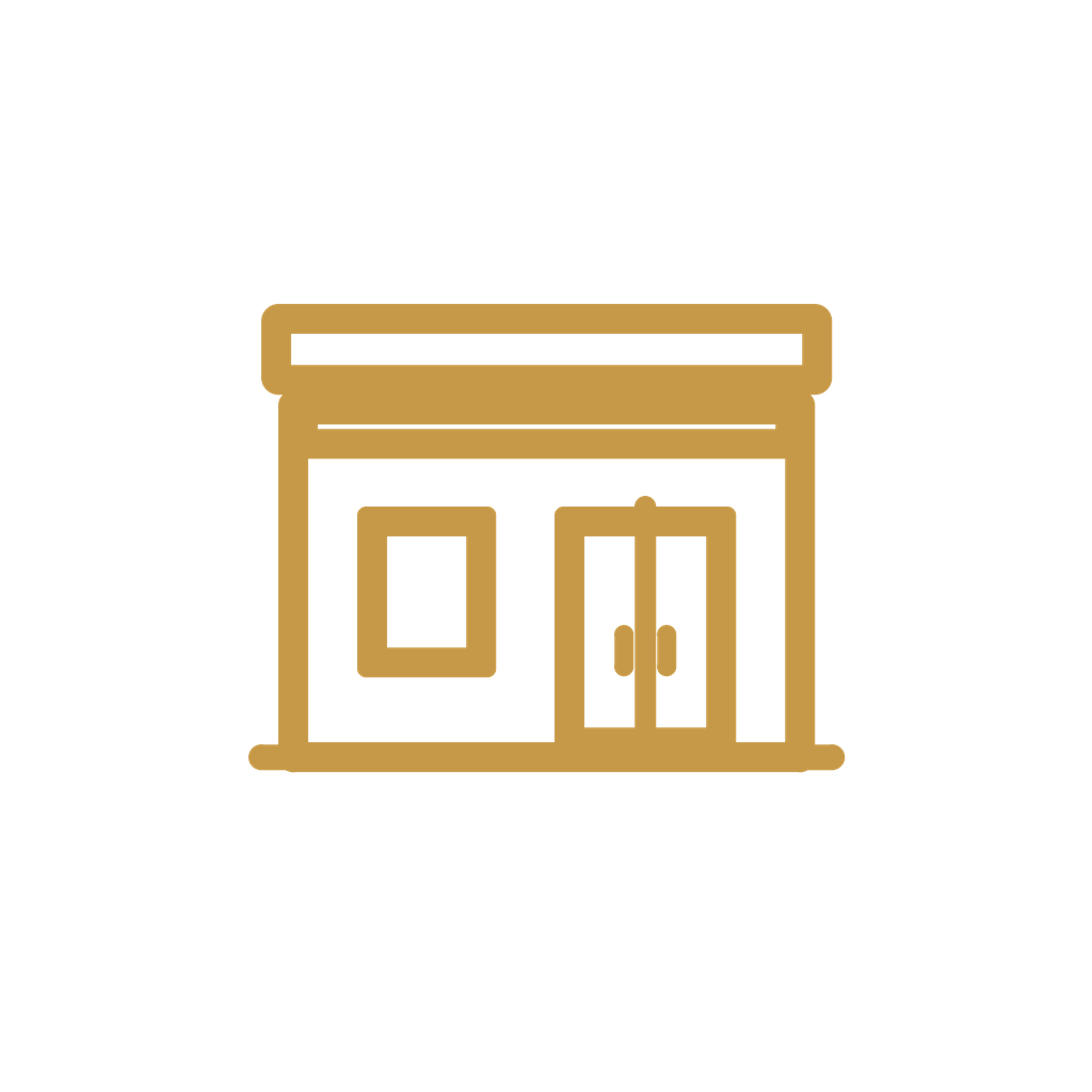 Gold and black icon of a storefront with a window and double doors