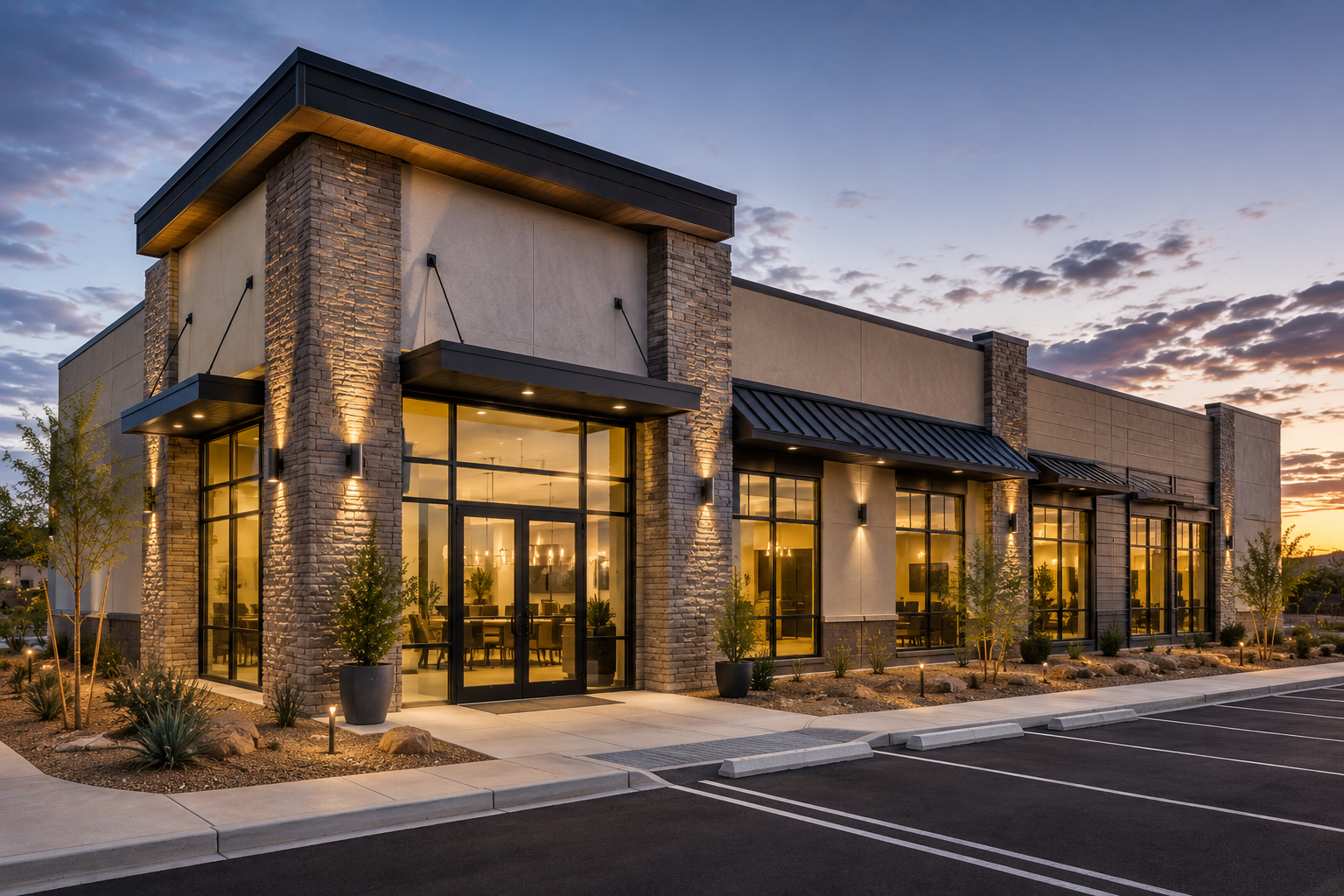 Modern commercial building with large glass windows, stone and stucco exterior, at sunset with parking lot.