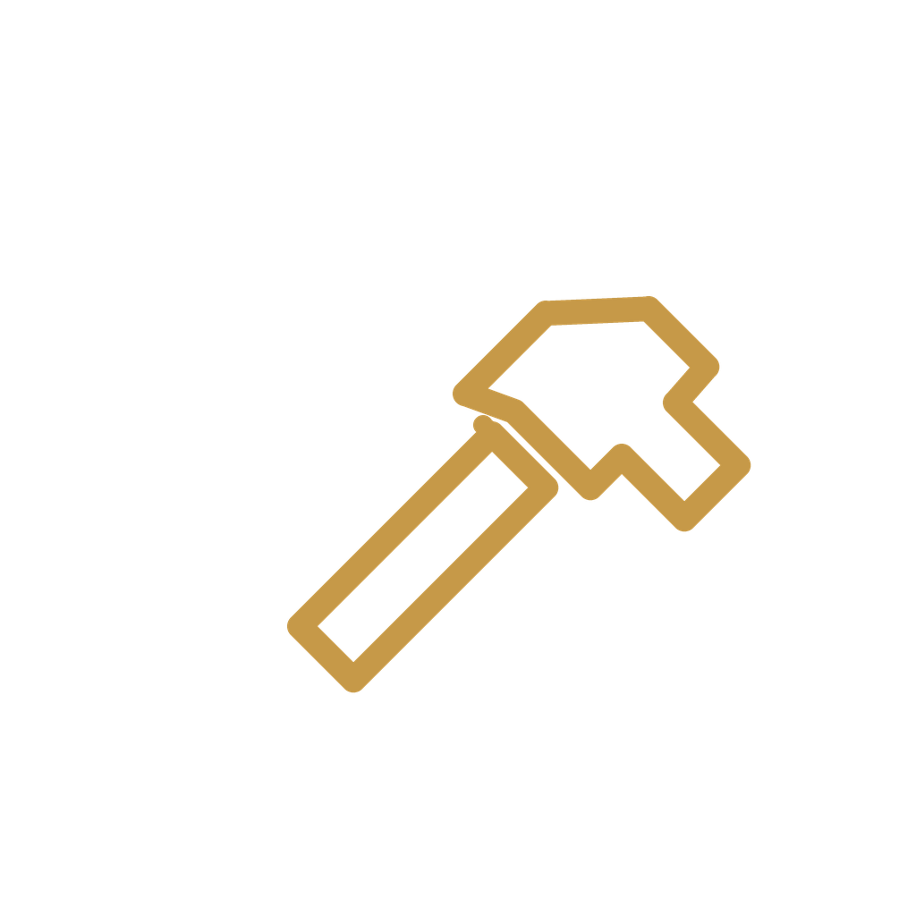 Gold outline of a hammer on a black background.