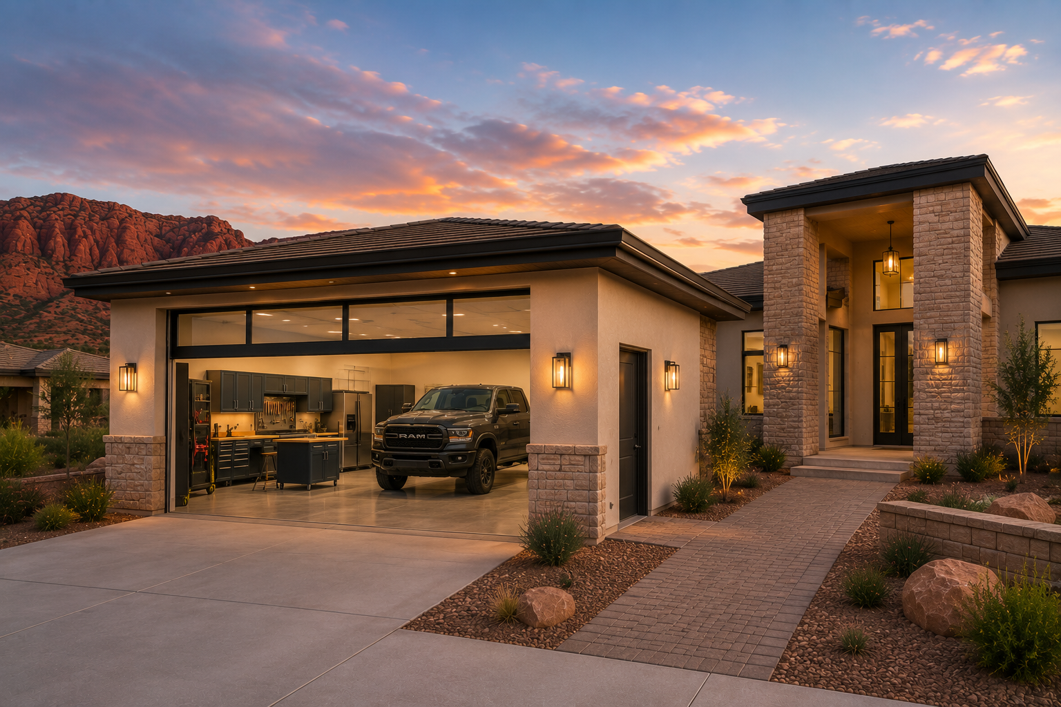 Modern house with a garage, outdoor lighting, and a landscaped walkway at sunset in a desert landscape.
