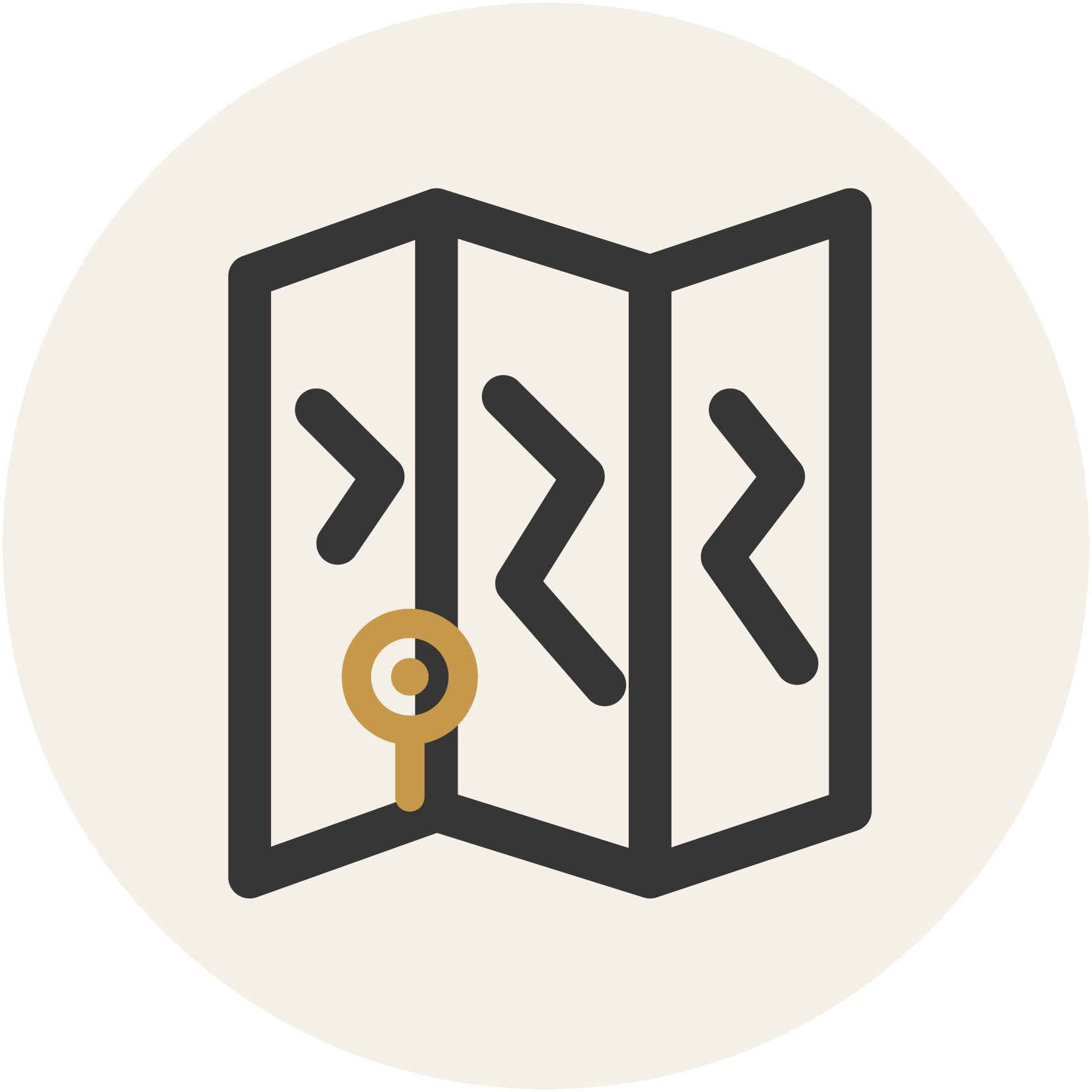 Icon of an open booklet with a key hanging from the middle page