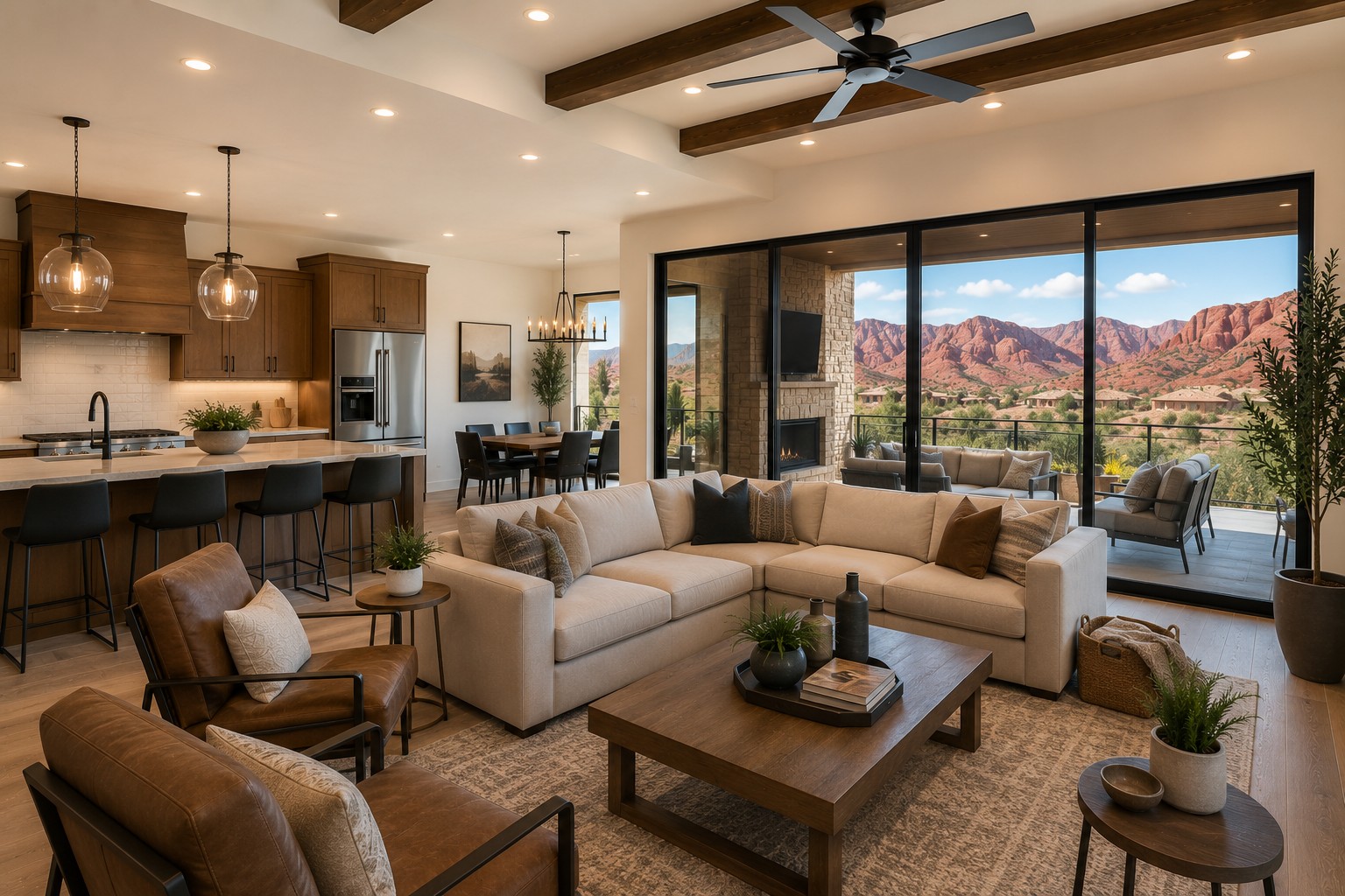 Modern living room with beige sofa, brown leather armchairs, wooden coffee table, large sliding glass doors with mountain view, fireplace, ceiling fan, and open kitchen with island and black chairs.