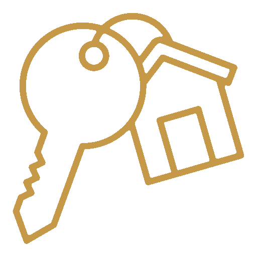 A single gold-colored key and a gold house-shaped keychain with a roof and door design.