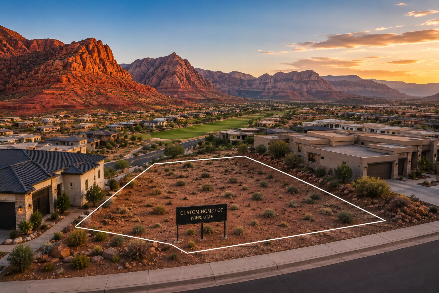 Empty desert lot with a sign reading "Custom Home Lot, Ivins, Utah" surrounded by residential houses and mountains at sunset.