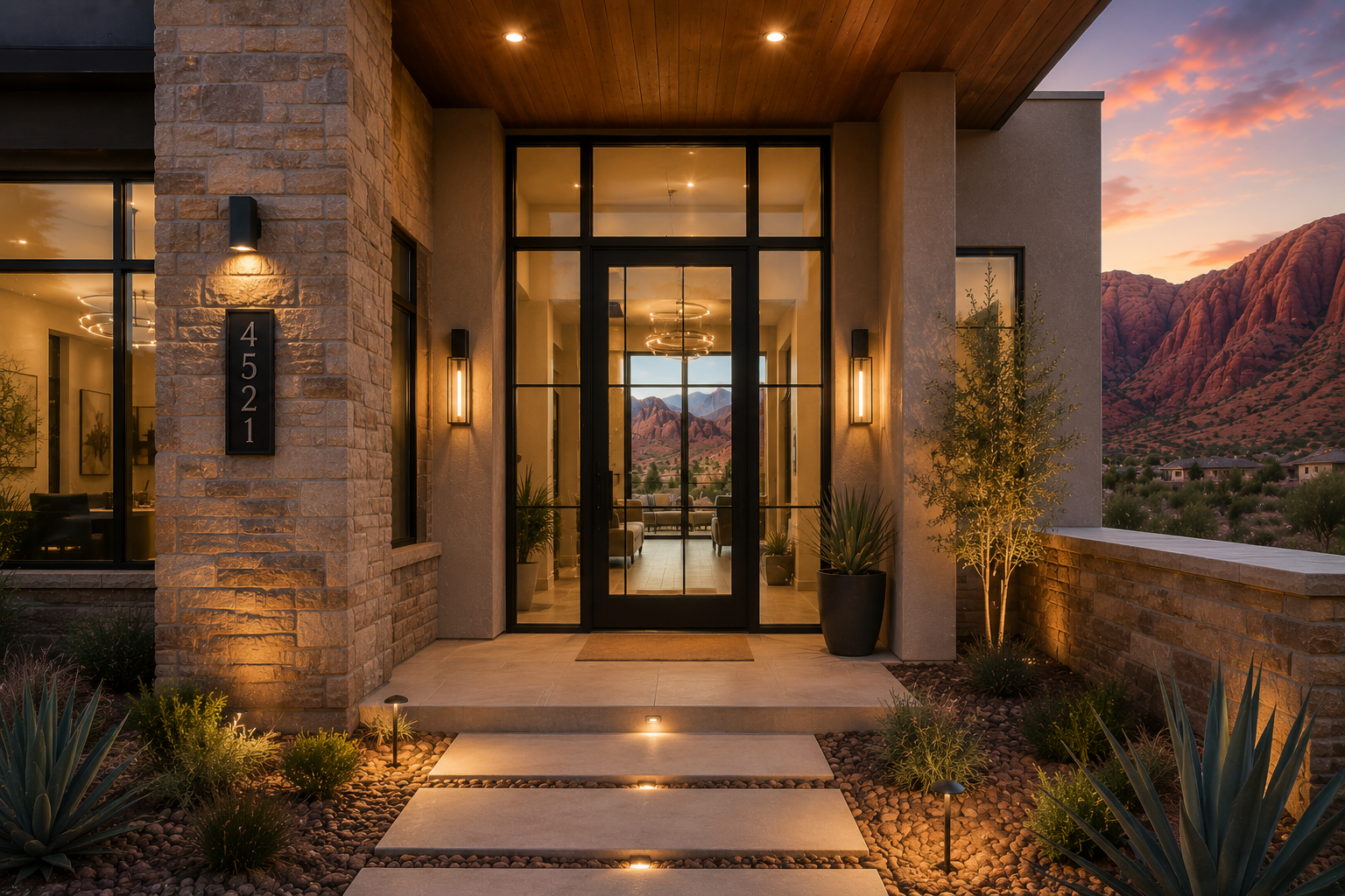 Modern house entrance with glass door, warm lighting, desert landscape with mountains in the background, sunset sky.