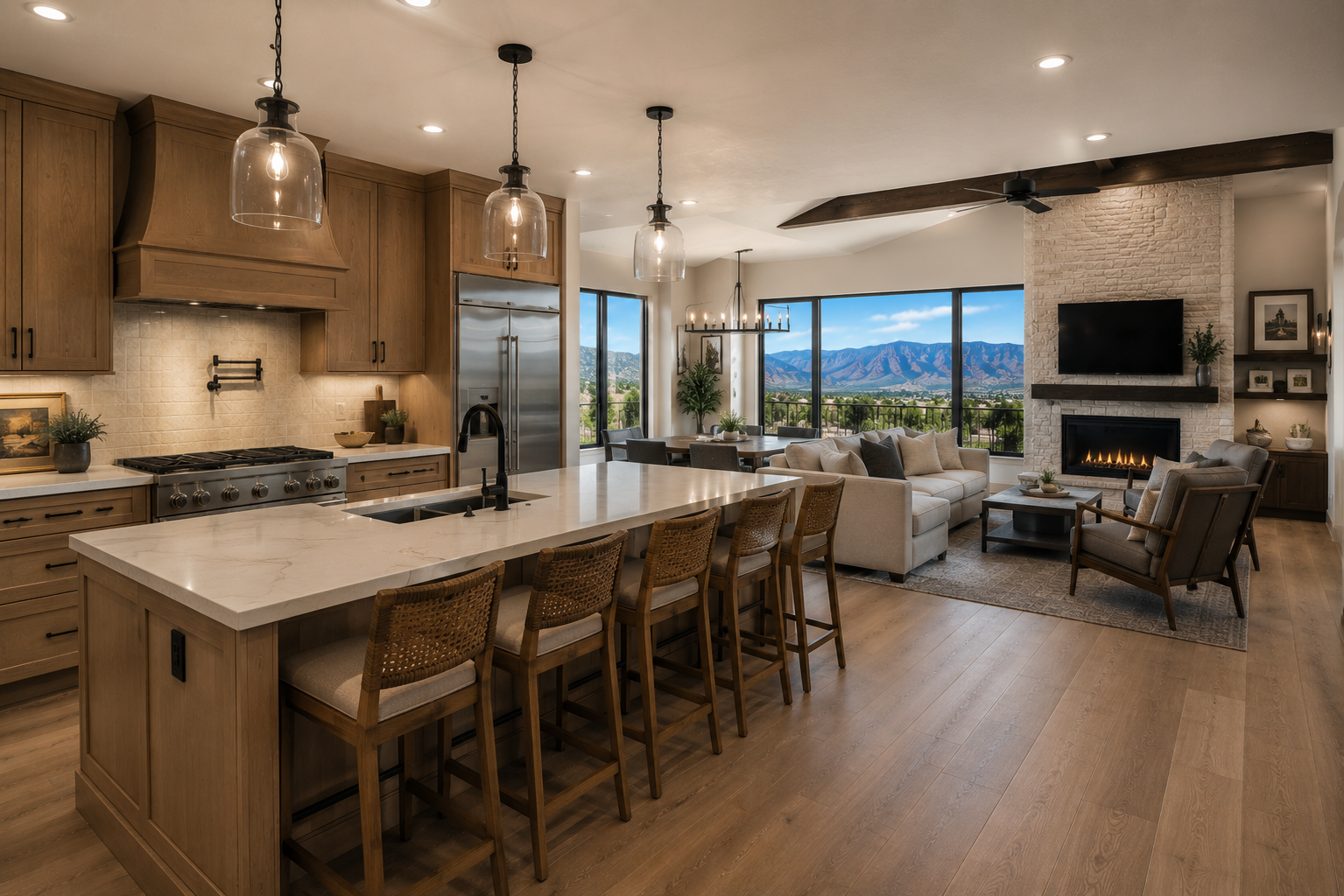Open-concept living room and kitchen with large windows showing mountain views, wooden flooring, modern kitchen island with bar stools, cozy seating area with fireplace, flat-screen TV, and contemporary decor.