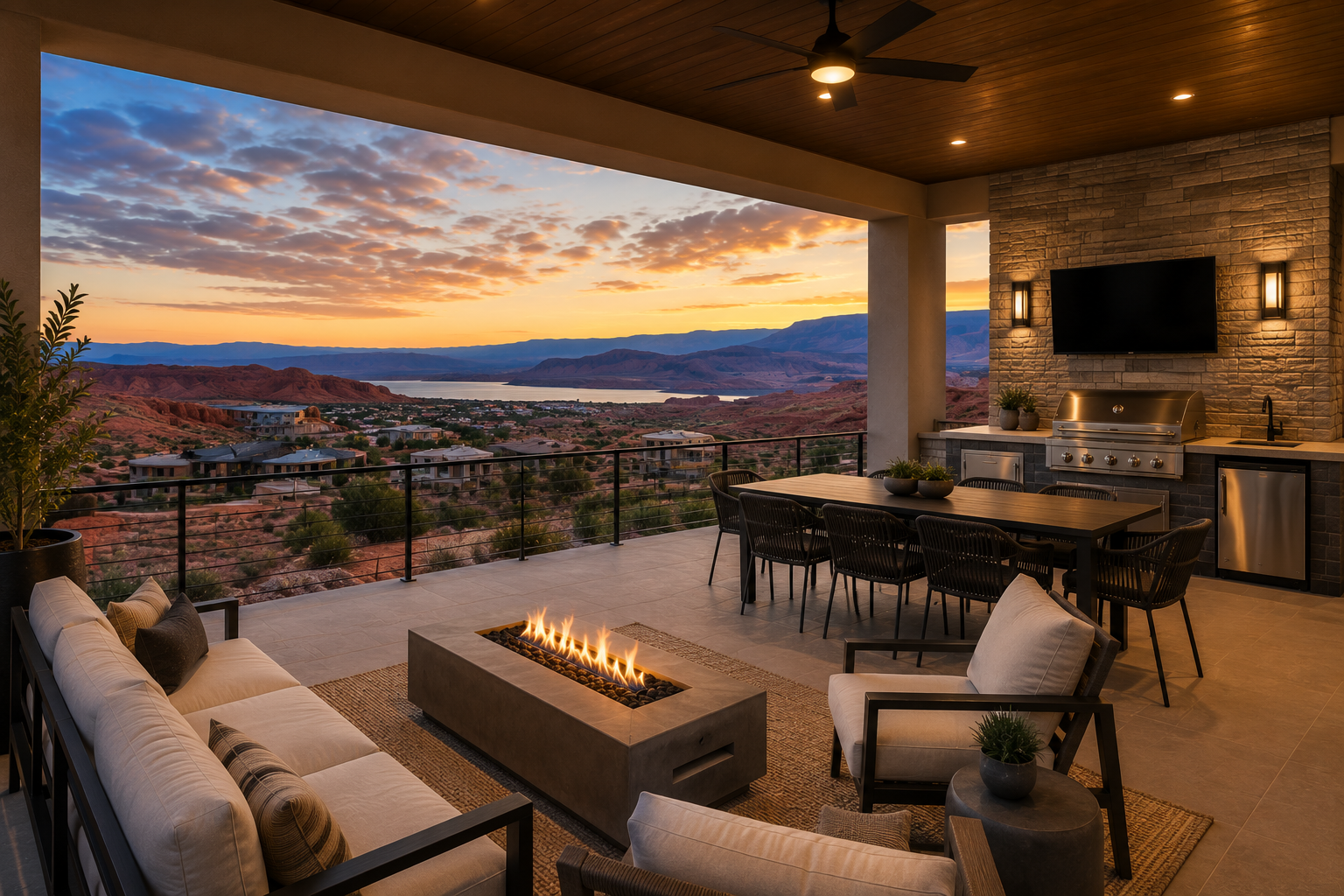 Outdoor living space with a seating area, fire pit, dining table, outdoor kitchen, and a mountain view at sunset.