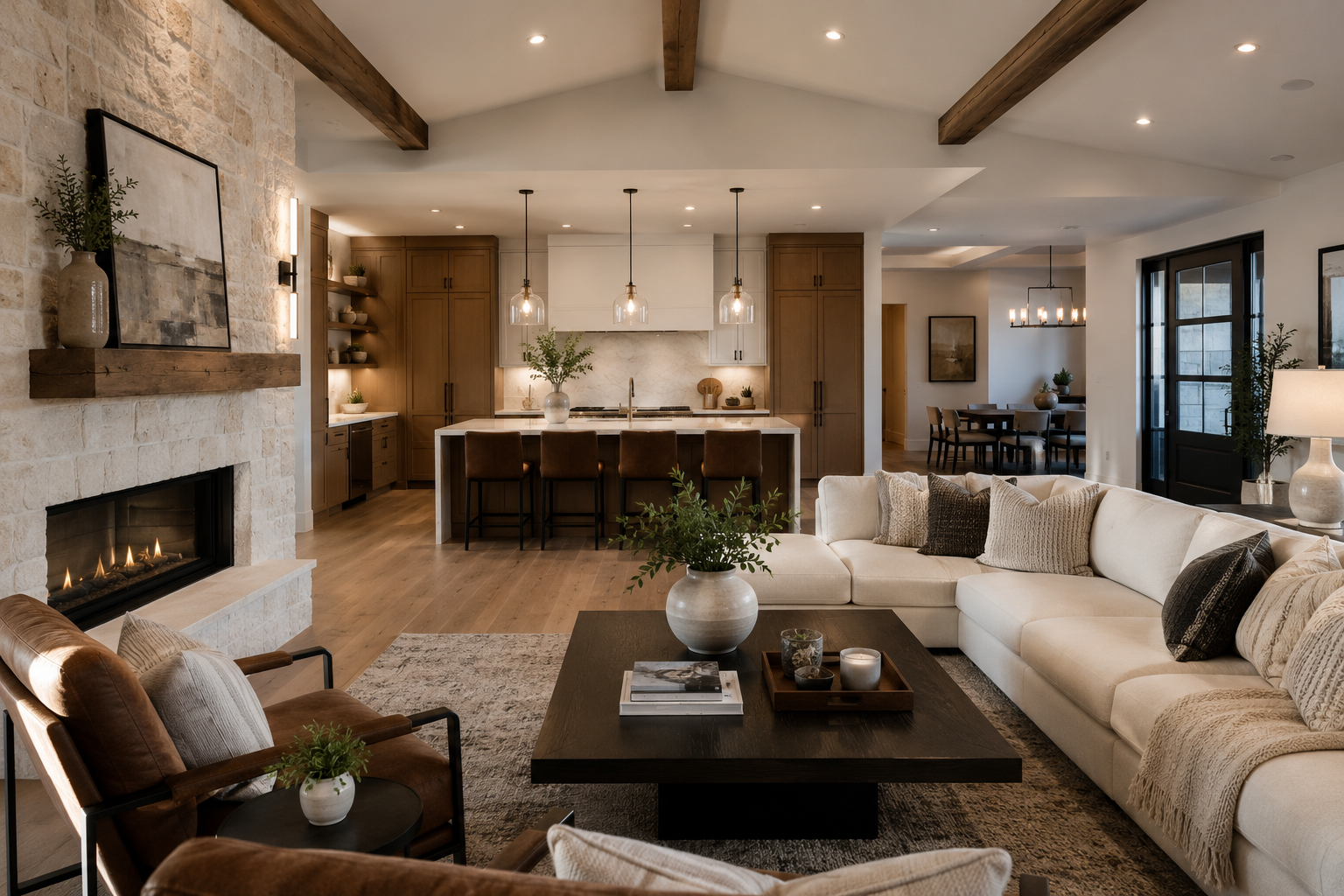 Open-concept living room and kitchen with modern decor, a fireplace, beige sectional sofa, wooden furniture, and large windows.
