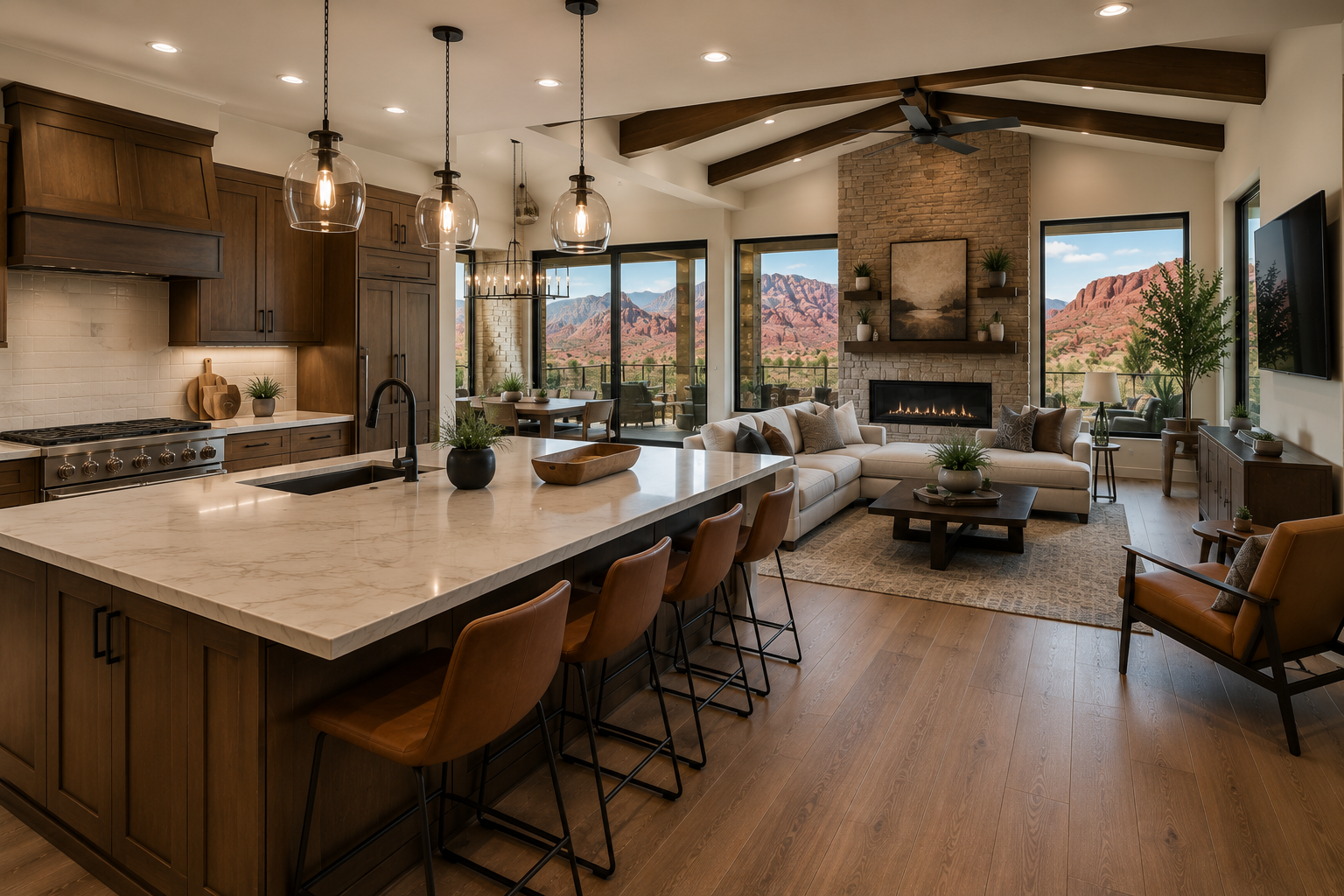 Open-concept living room and kitchen with mountain view, fireplace, and modern decor.