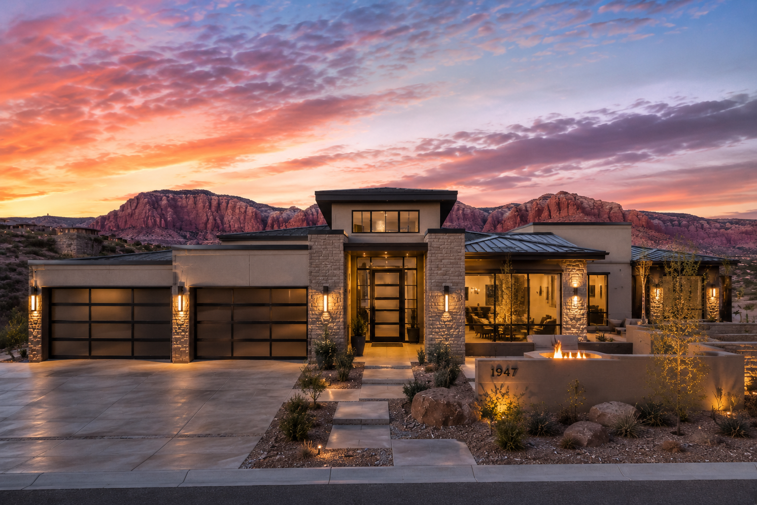 Modern house with rock facade, glass doors, lit exterior lighting, and a fire pit in a desert landscape at sunset with mountains in the background.