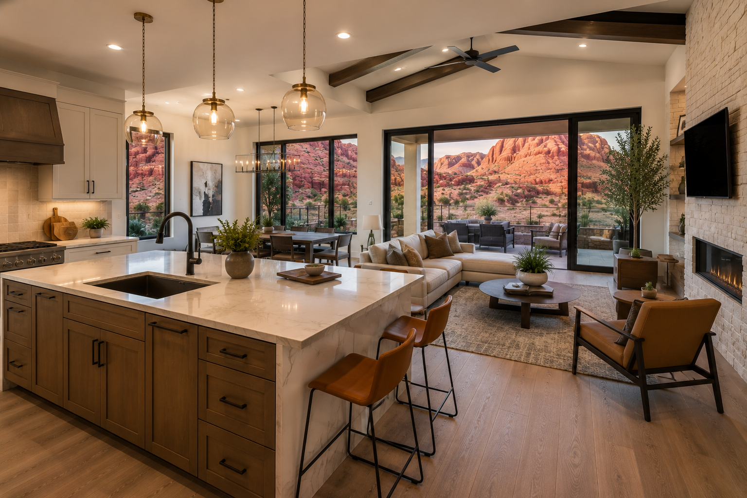 Open-concept living room and kitchen with large windows and sliding doors revealing a desert landscape with red rock formations, including a balcony with outdoor seating, modern furniture, a fireplace, and ceiling fans.